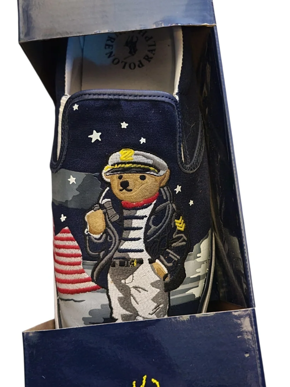 Ralph Lauren Navy Slip-On Sneakers with Nautical Bear & Lighthouse
